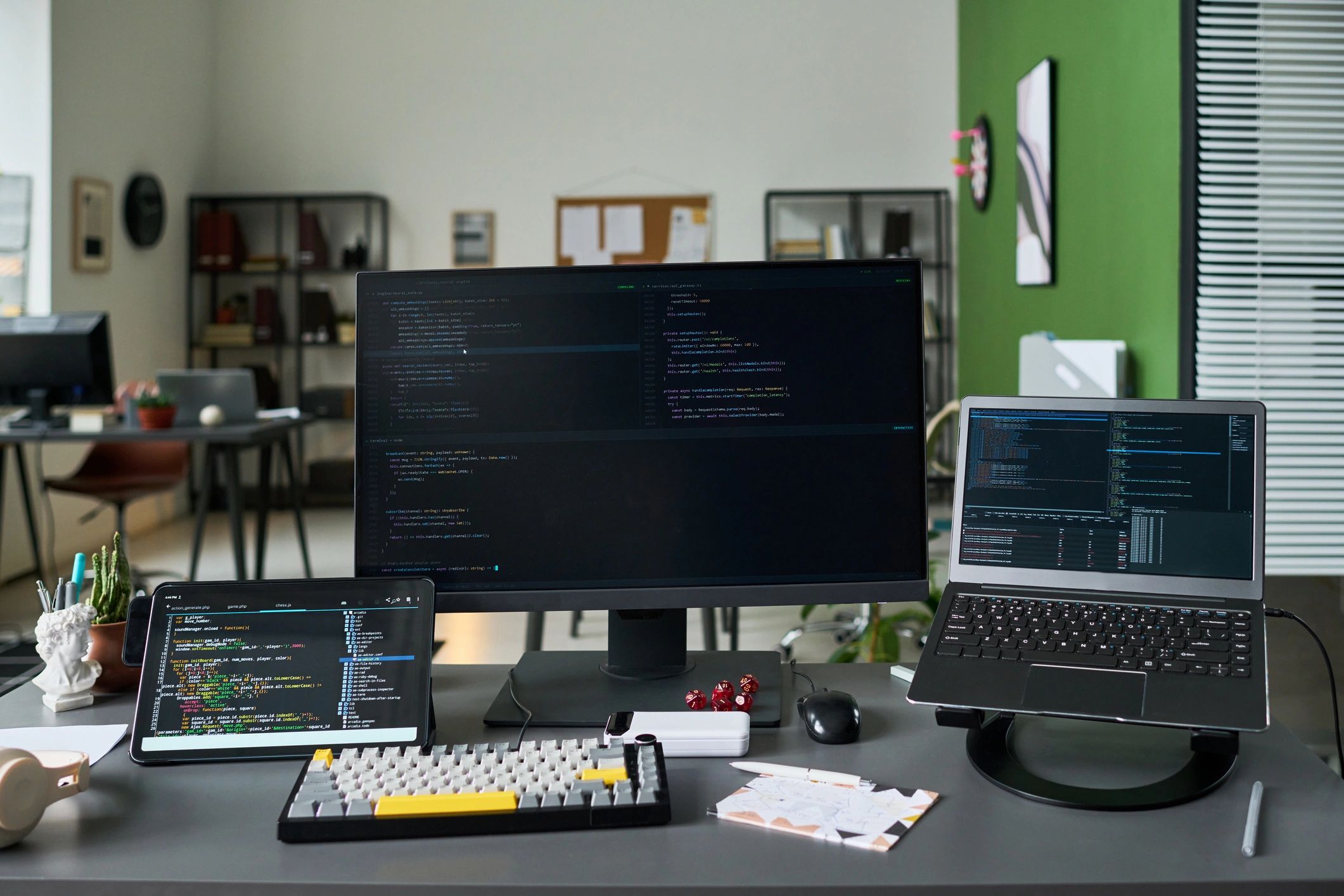 Modern secure workstation with screens and laptop