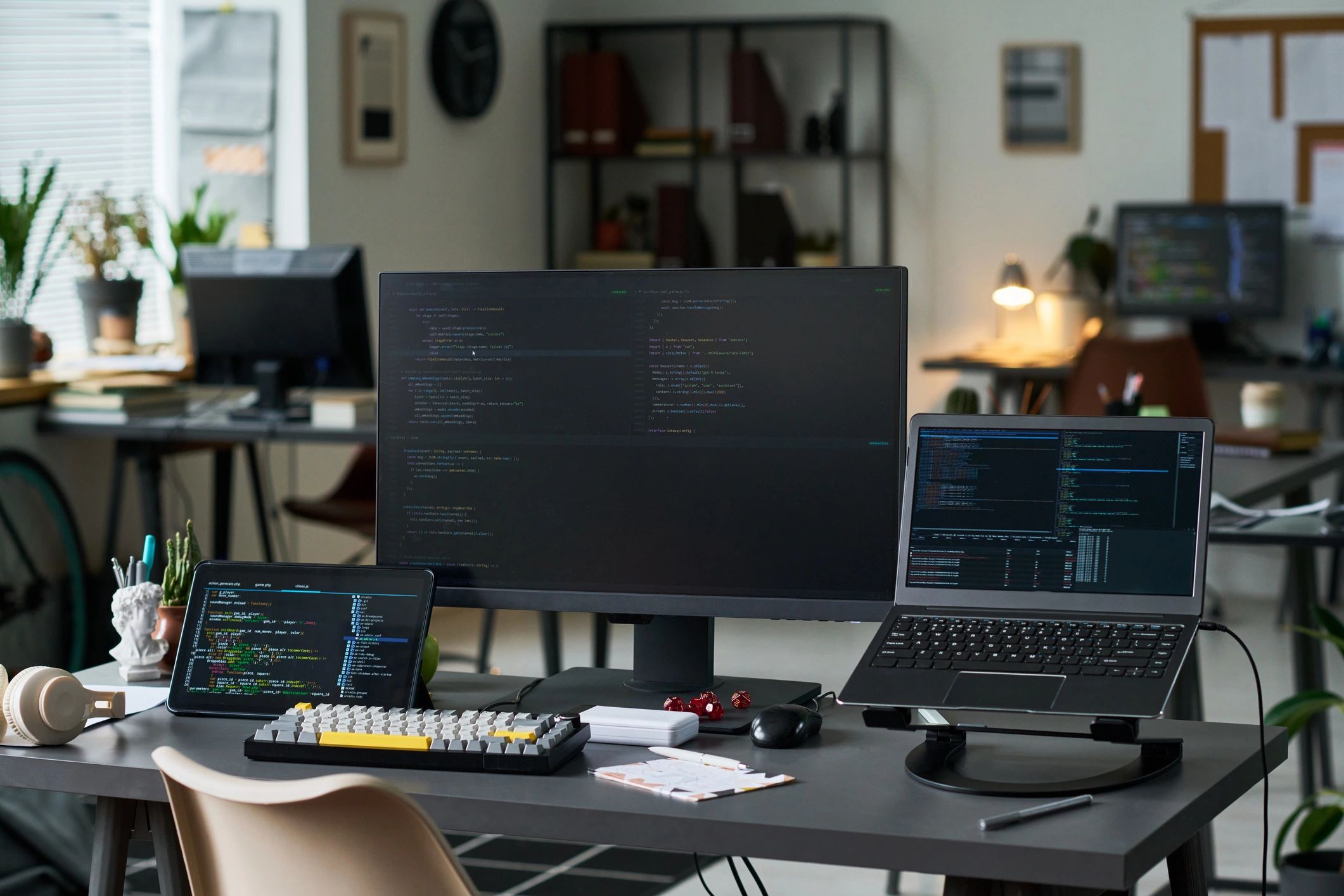 Office desk with laptop and multiple monitors